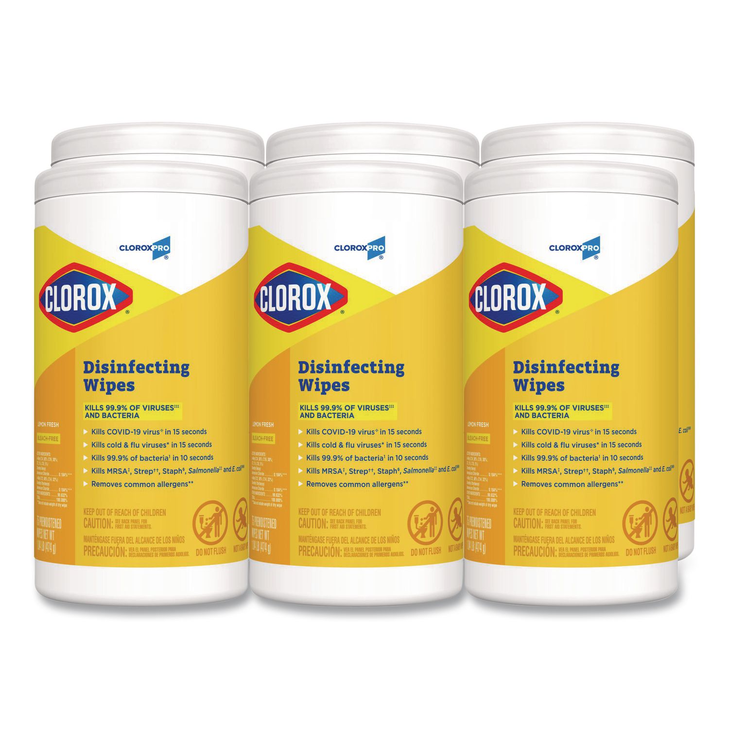 Disinfecting Wipes, 1-Ply, 7 x 8, Lemon Fresh, White, 75/Canister, 6/Carton CLO15948CT