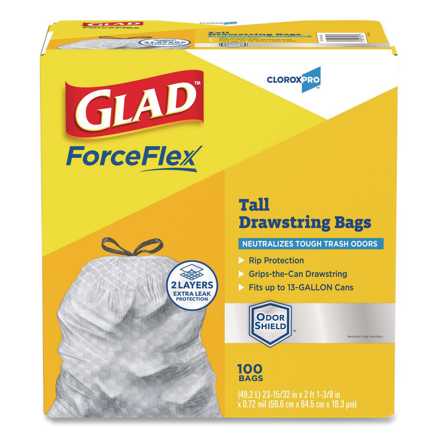 CloroxPro ForceFlex Tall Kitchen Drawstring Trash Bags, 13 gal, 23.75 x 24.88, Gray, 100/Box CLO70427