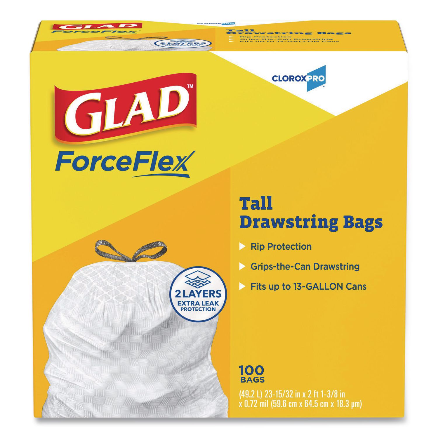 CloroxPro ForceFlex Tall Kitchen Drawstring Trash Bags, 13 gal, 24 x 27.38, Gray, 100/Box CLO78526
