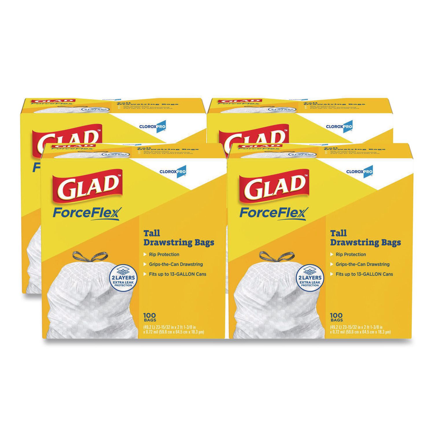 CloroxPro ForceFlex Tall Kitchen Drawstring Trash Bags, 13 gal, 24 x 27.38, Gray, 100 Bags/Box, 4 Boxes/Carton CLO78526CT