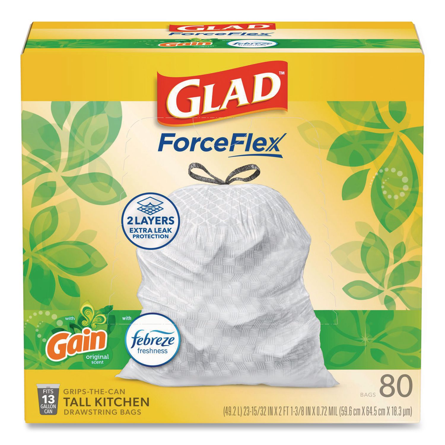 ForceFlex Kitchen Drawstring Trash Bags, 13 gal, Gain Original Scent, 24 x 27.38, White, 80/Box CLO78900BX