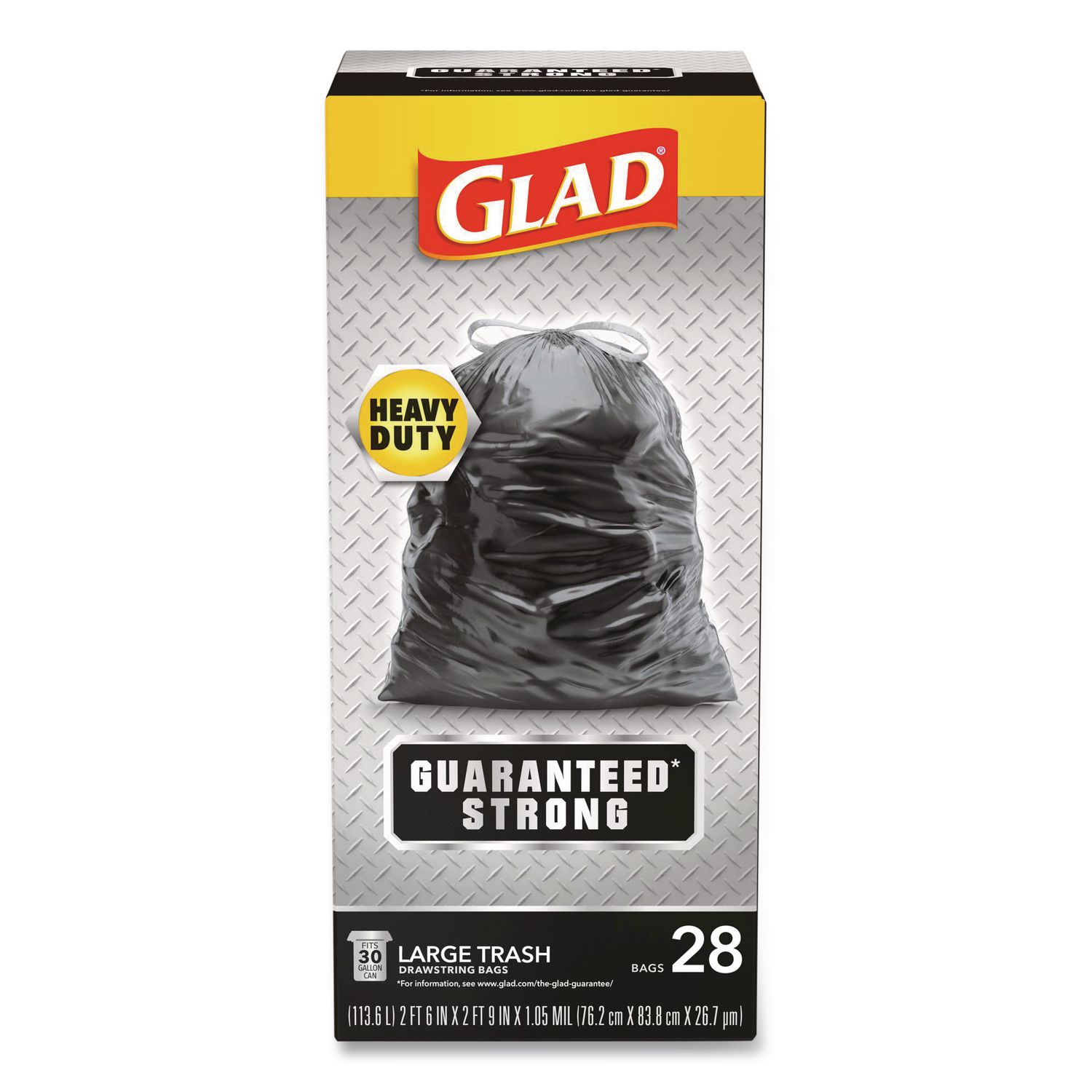 Guaranteed Strong Large Drawstring Trash Bags, Three-Ply, 30 gal, 1.05 mil, 30 x 33, Black, 28/Box CLO78966BX