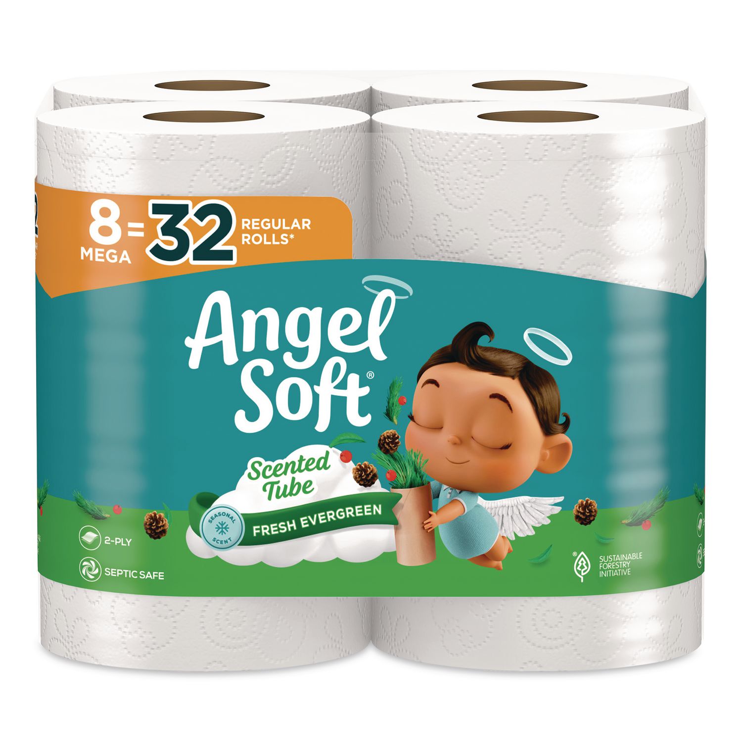 Mega Toilet Paper, Limited Edition Fresh Evergreen Scent Tube, Septic Safe, 2-Ply, White, 320 Sheets/Roll, 8 Rolls/Pack