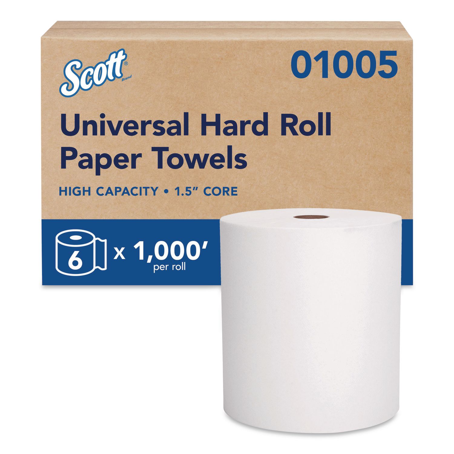 Essential High Capacity Hard Roll Towels for Business, 1-Ply, 8" x 1,000 ft, 1.5" Core, Recycled, White, 6 Rolls/Carton KCC01005