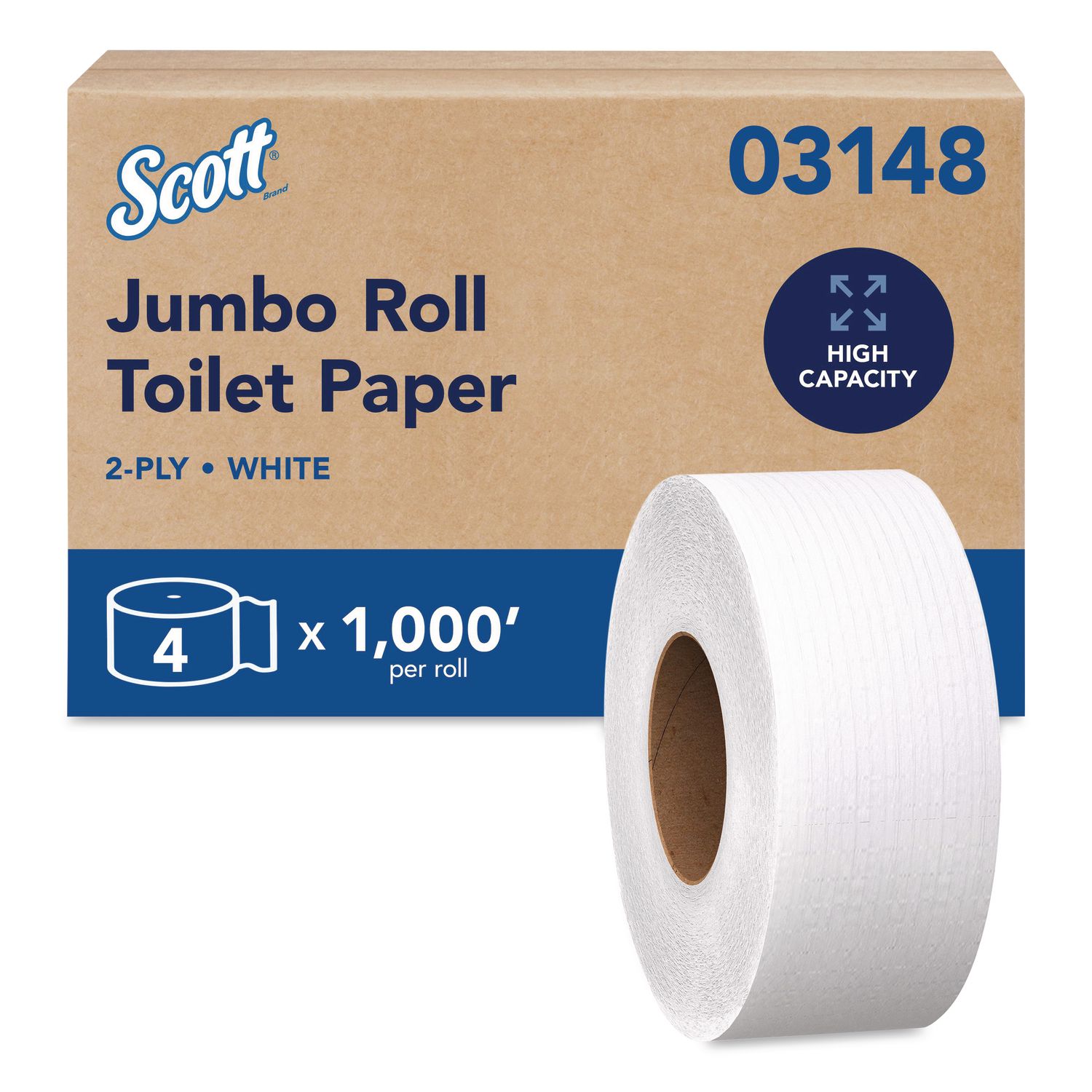 Essential JRT Jumbo Roll Bathroom Tissue, Septic Safe, 2-Ply, White, 3.55" x 1,000 ft, 4 Rolls/Carton KCC03148