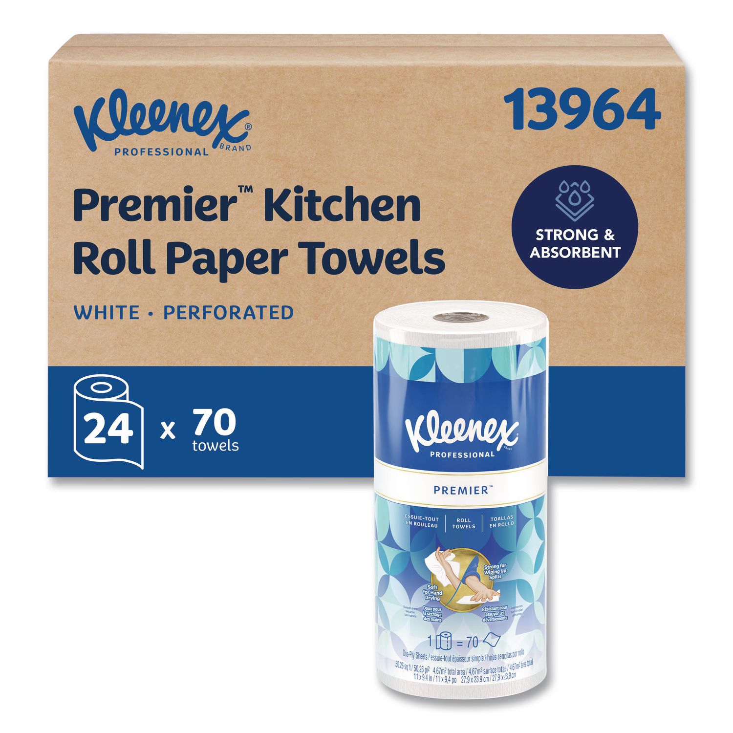 Premiere Kitchen Roll Towels, 1-Ply, 11 x 10.4, White, 70/Roll, 24 Rolls/Carton KCC13964