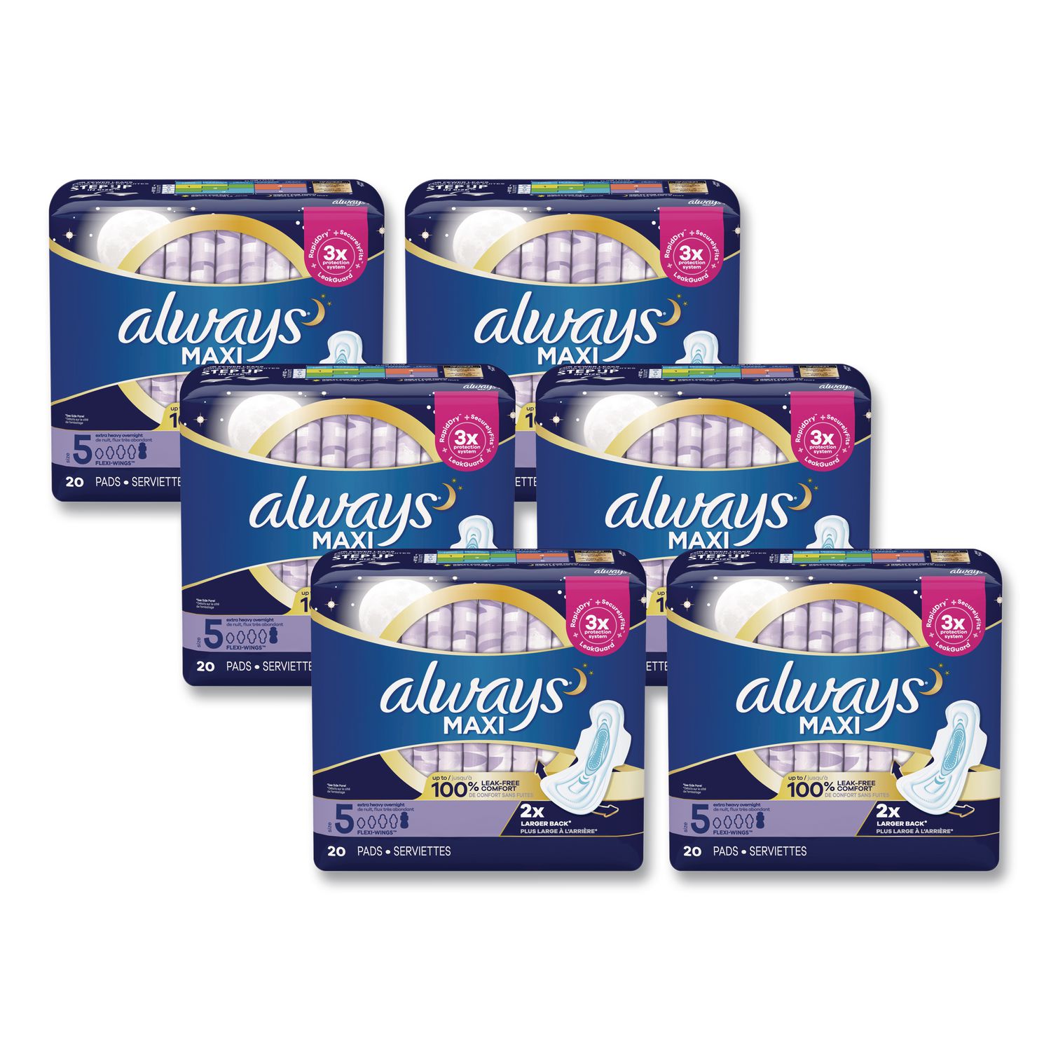 Maxi Pads, Extra Heavy Overnight, 20/Pack, 6 Packs/Carton