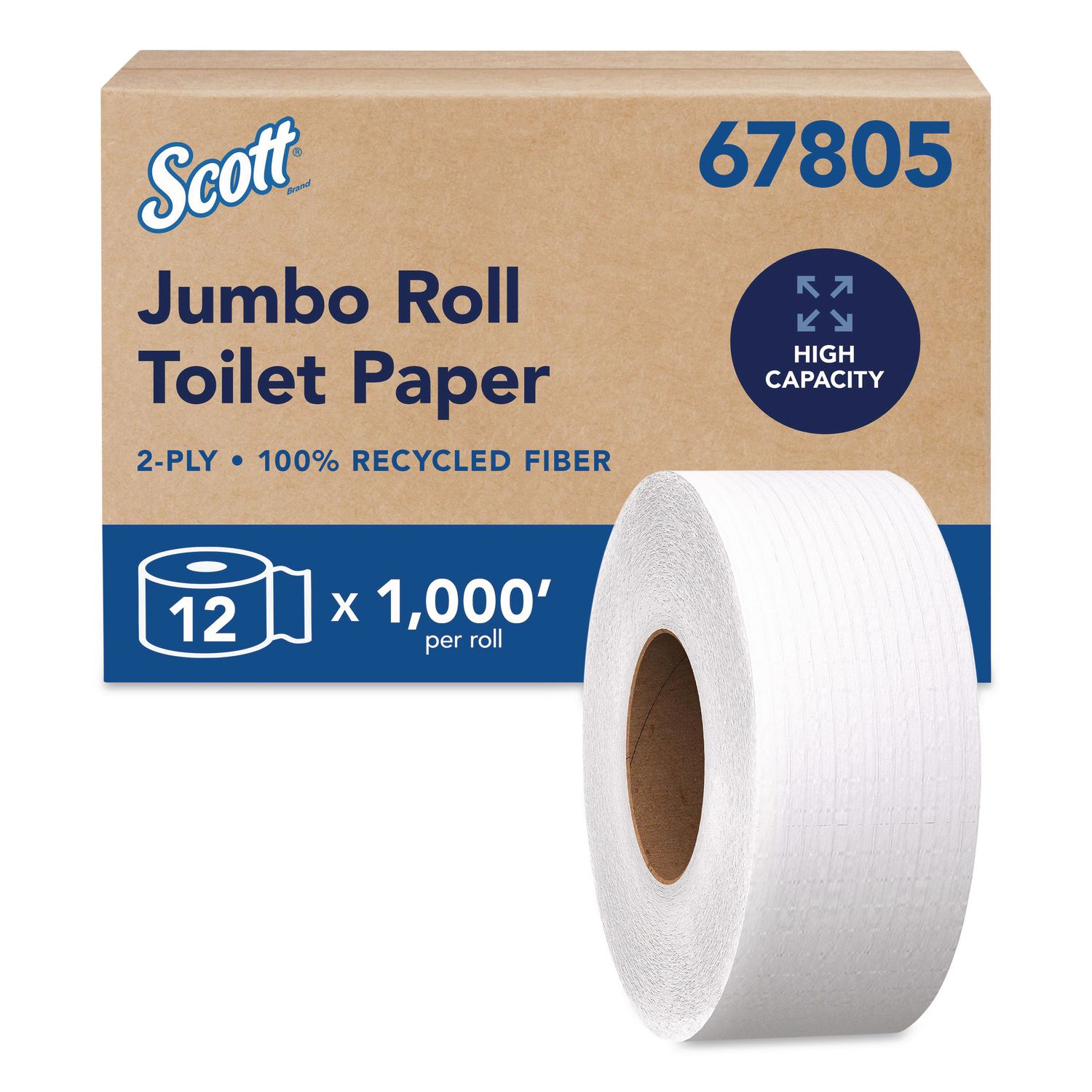Essential 100% Recycled Fiber JRT Bathroom Tissue for Business, Septic Safe, 2-Ply, White, 3.55" x 1,000 ft, 12 Rolls/Carton KCC67805