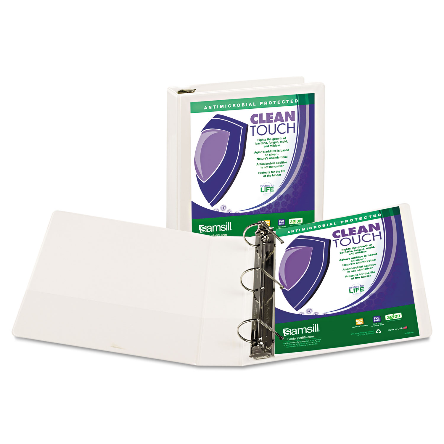 Clean Touch Locking D-Ring View Binder, Antimicrobial, 2 Cap, White