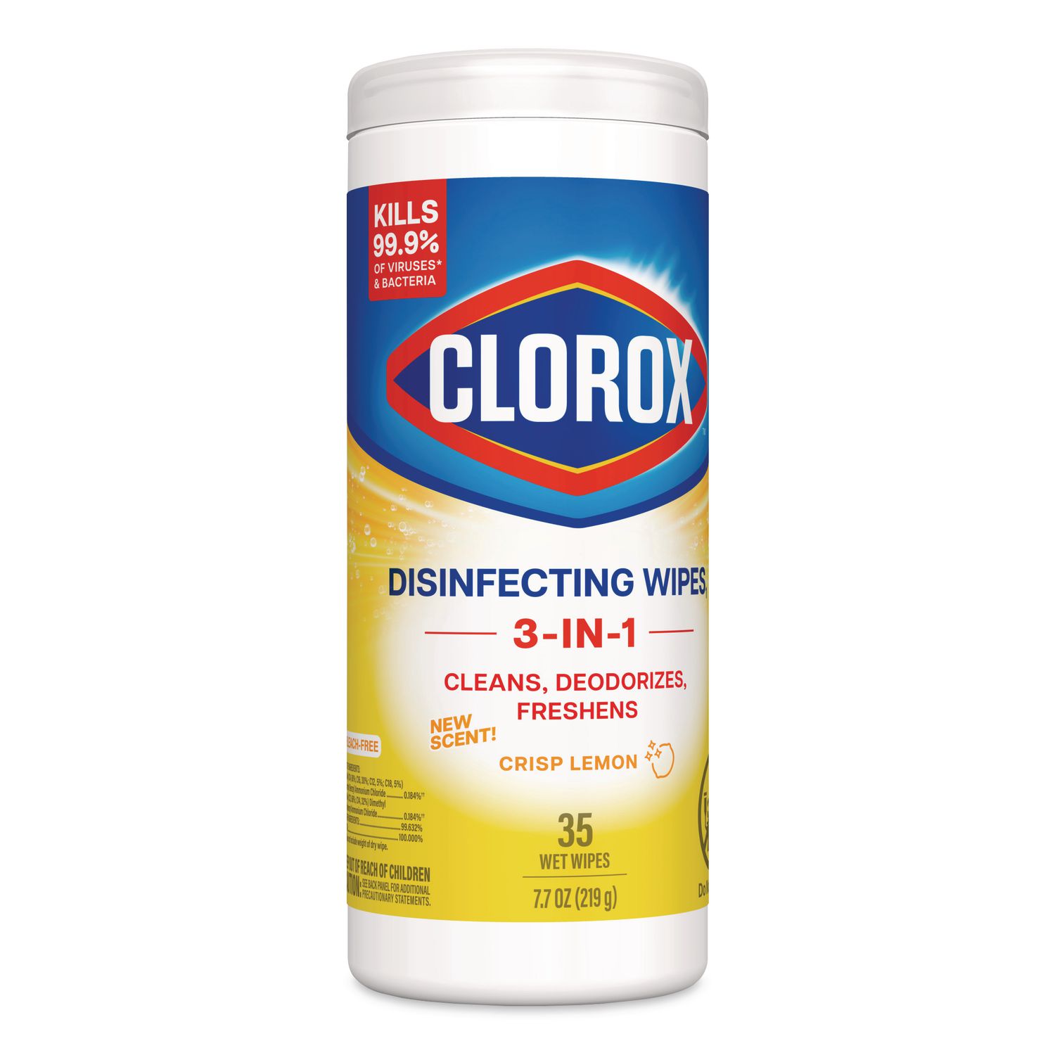 Disinfecting Wipes, Bleach Free Cleaning Wipes, 1-Ply, 7 x 8, Crisp Lemon, White, 35/Canister