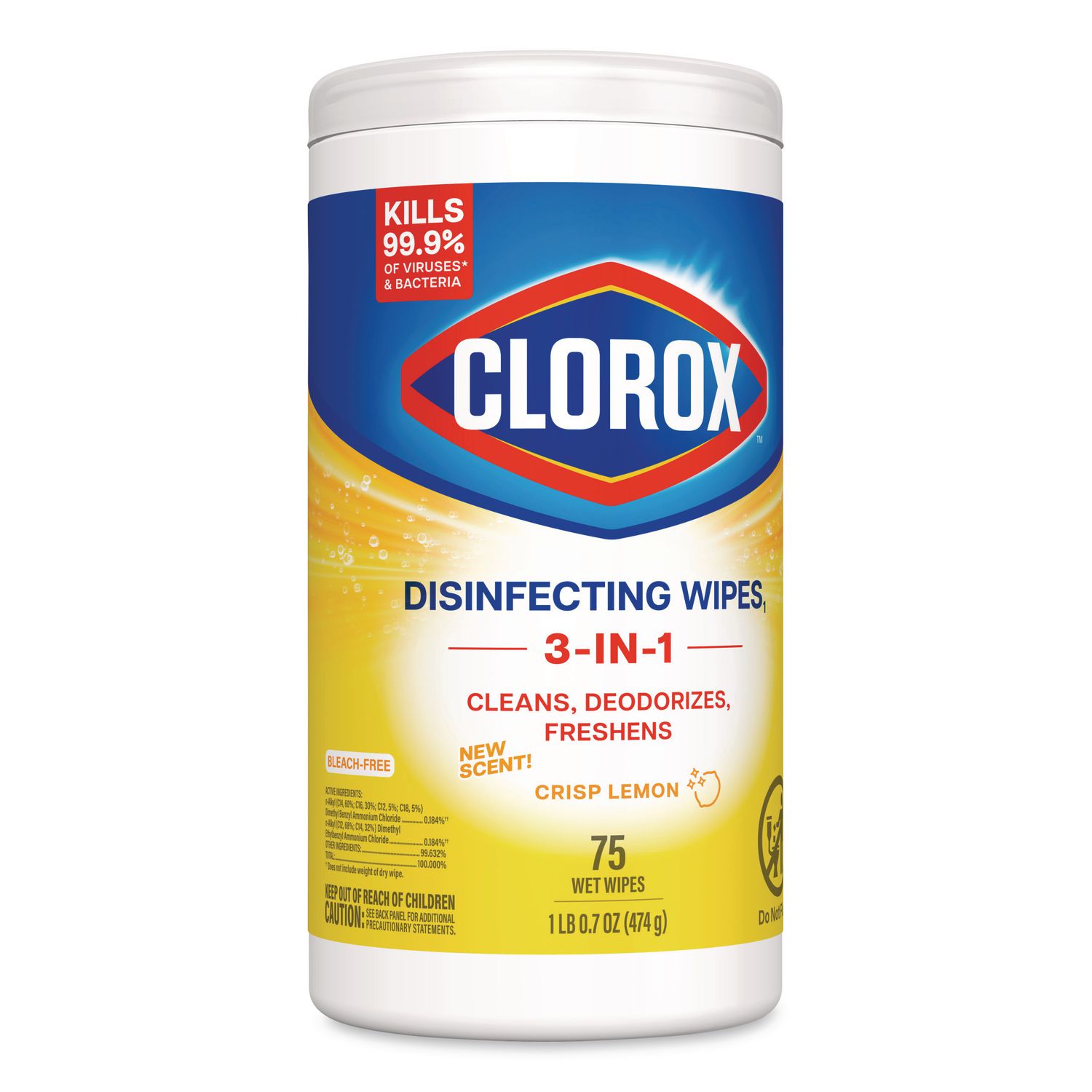 Disinfecting Wipes, Bleach Free Cleaning Wipes, 1-Ply, 7 x 7.75, Crisp Lemon, White, 75/Canister, 6 Canisters/Carton