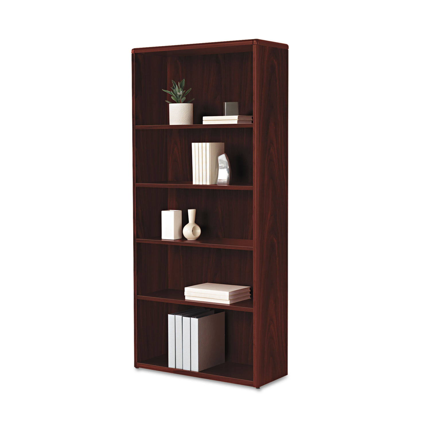 10700 Series Wood Bookcase, 5 Shelf/3 Adjust,32 3/8 x 13 1/8 x 71, Mahogany
