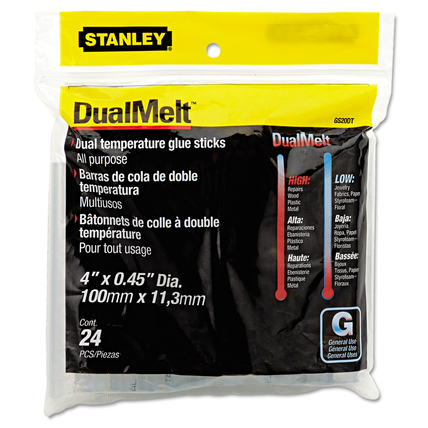  Stanley GS20DT Dual Temperature Glue Sticks, 0.45 x 4, Dries Clear, 24/Pack (BOSGS20DT) 