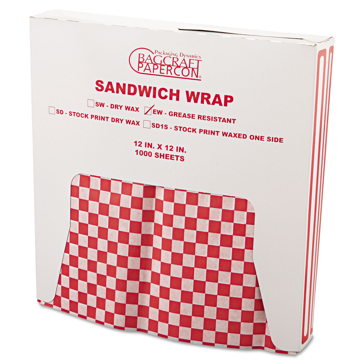 Grease-Resistant Paper Wrap/Liners, 12 x 12, Red Check, 1000/Box, 5 Boxes/Carton