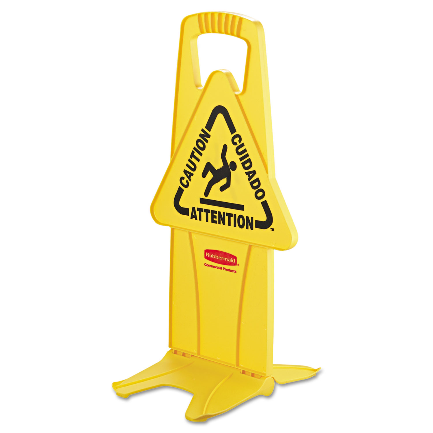 Stable Multi-Lingual Safety Sign, 13w x 13 1/4d x 26h, Yellow