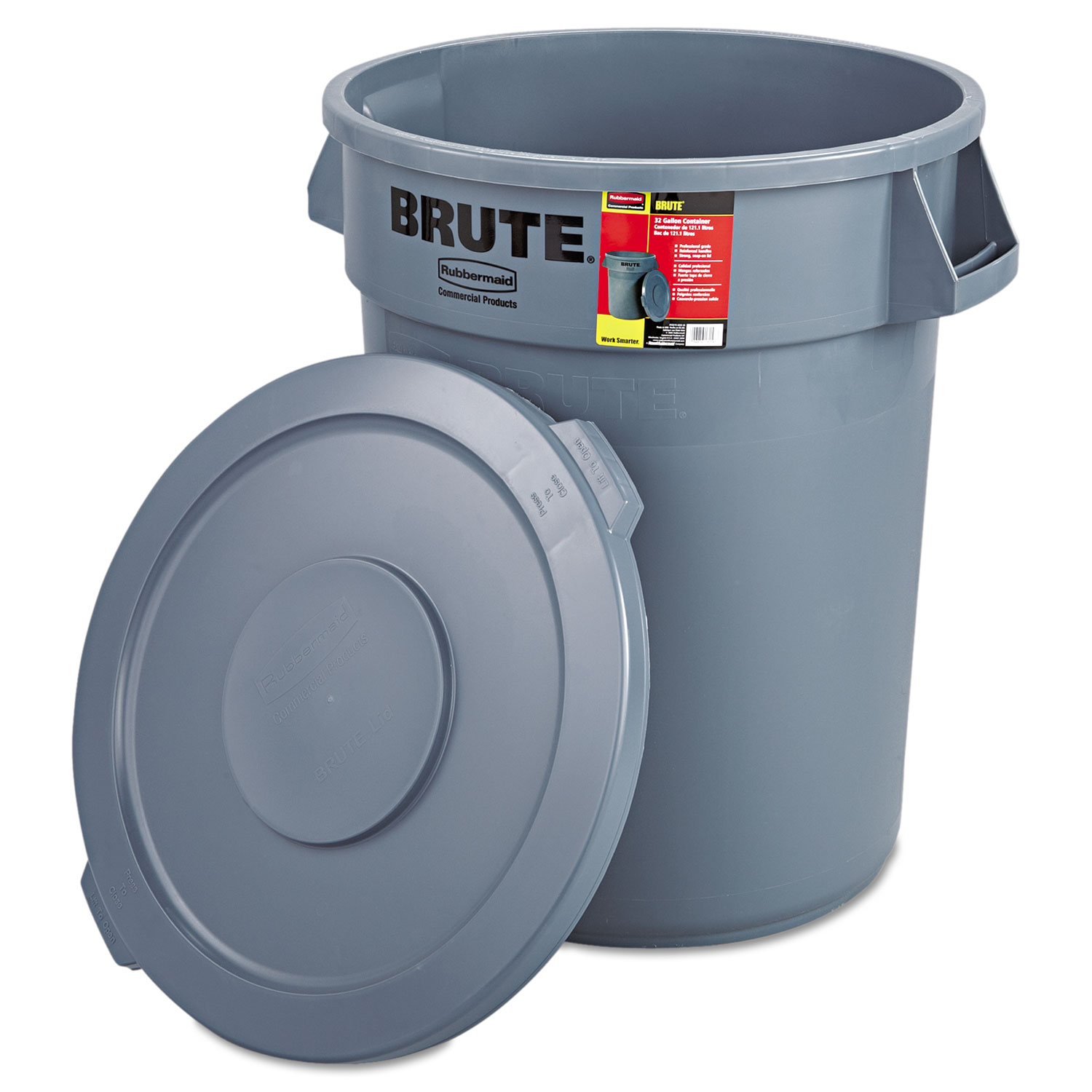 Brute Container with Lid, Round, Plastic, 32gal, Gray