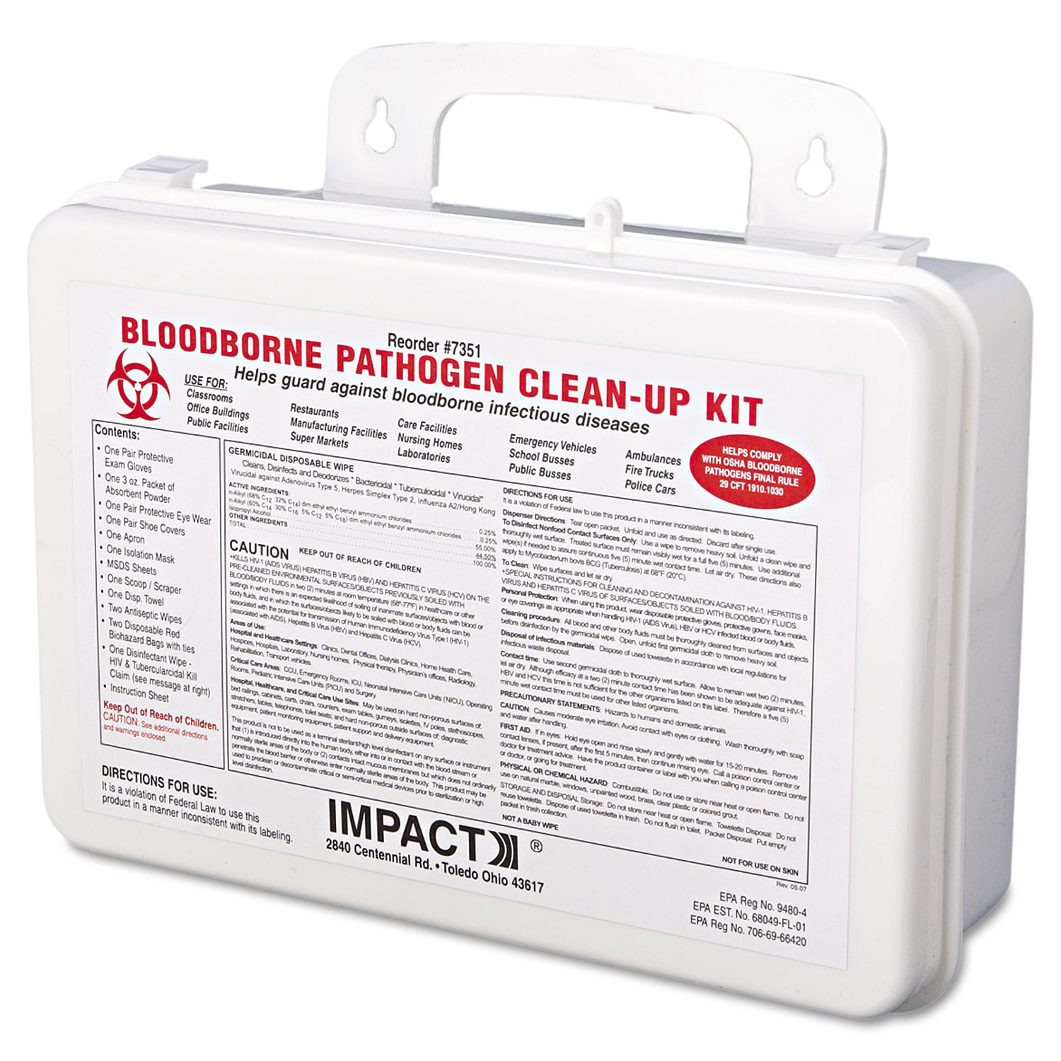  Impact BWK 7351 Bloodborne Pathogen Cleanup Kit, OSHA Compliant, Plastic Case (IMP7351) 