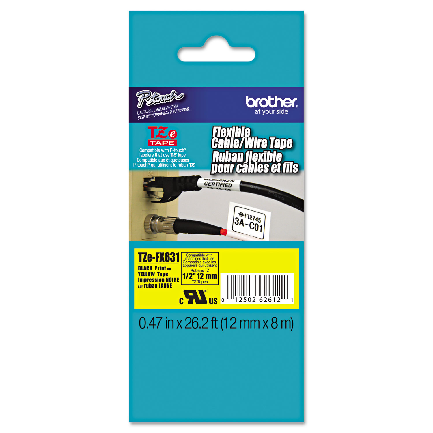 TZe Flexible Tape Cartridge for P-Touch Labelers 1/2 x 26-1/5ft Black on Yellow