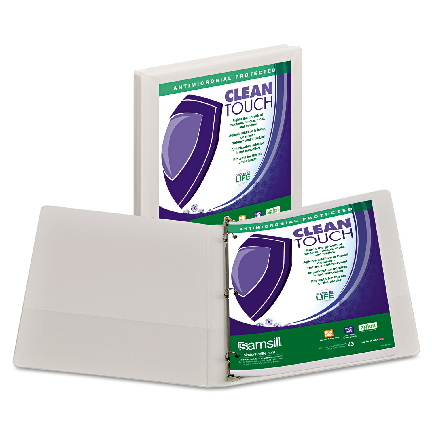  Samsill 18217 Clean Touch Locking Round Ring View Binder Protected w/Antimicrobial Additive, 3 Rings, 0.5 Capacity, 11 x 8.5, White (SAM18217) 