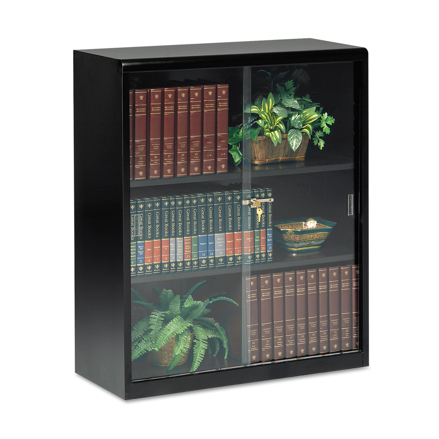 Executive Steel Bookcase With Glass Doors, Three-Shelf, 36w x 15d x 42h, Black