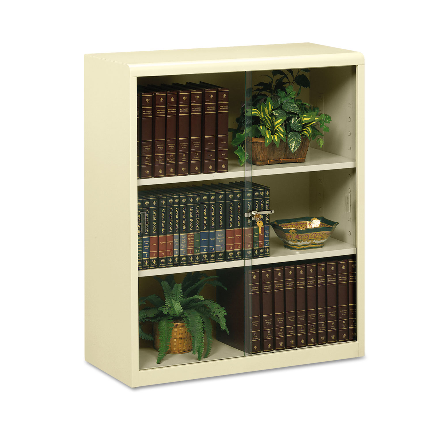Executive Steel Bookcase With Glass Doors, Three-Shelf, 36w x 15d x 42h, Putty