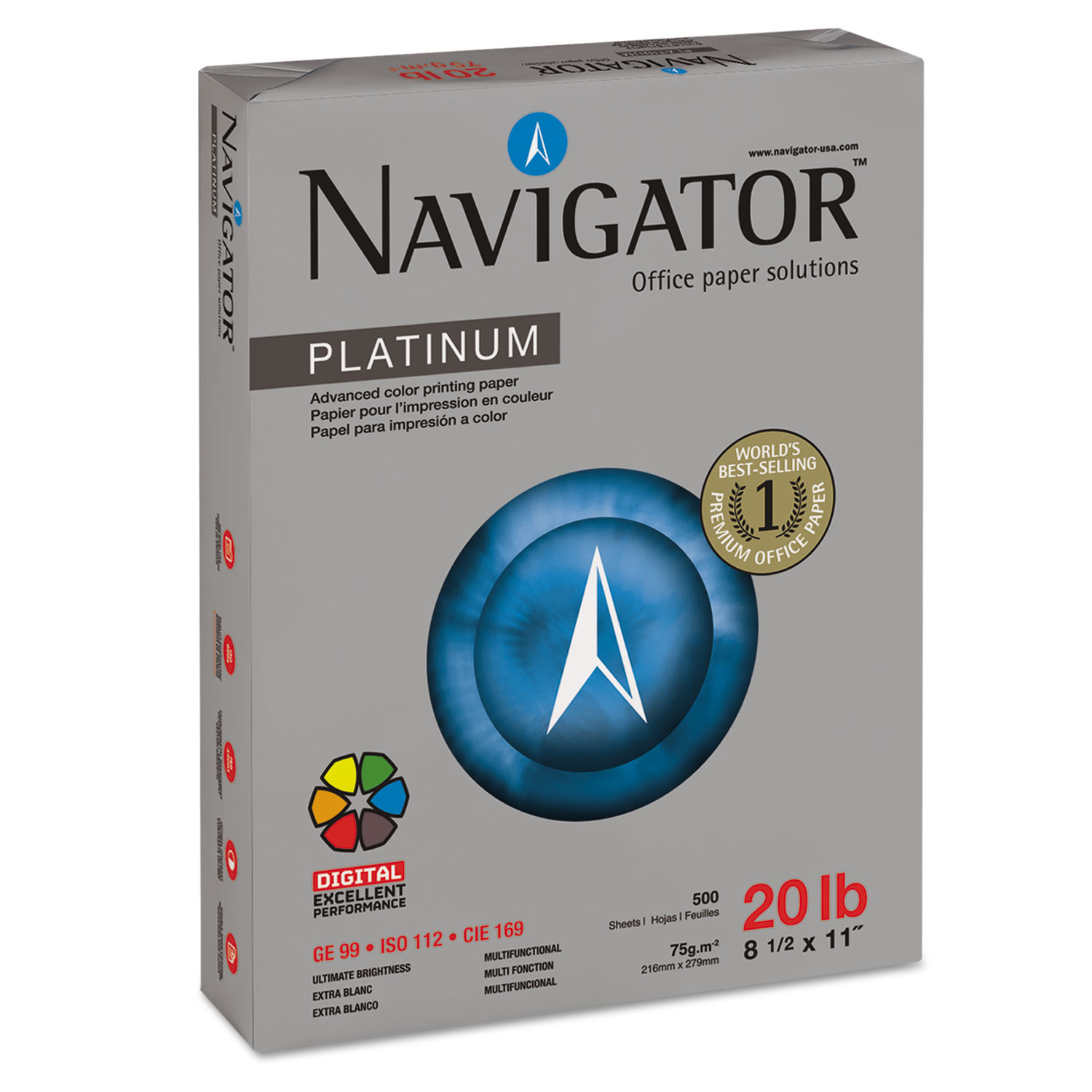  Navigator NPL1120 Platinum Paper, 99 Bright, 20lb, 8.5 x 11, White, 500 Sheets/Ream, 10 Reams/Carton (SNANPL1120) 