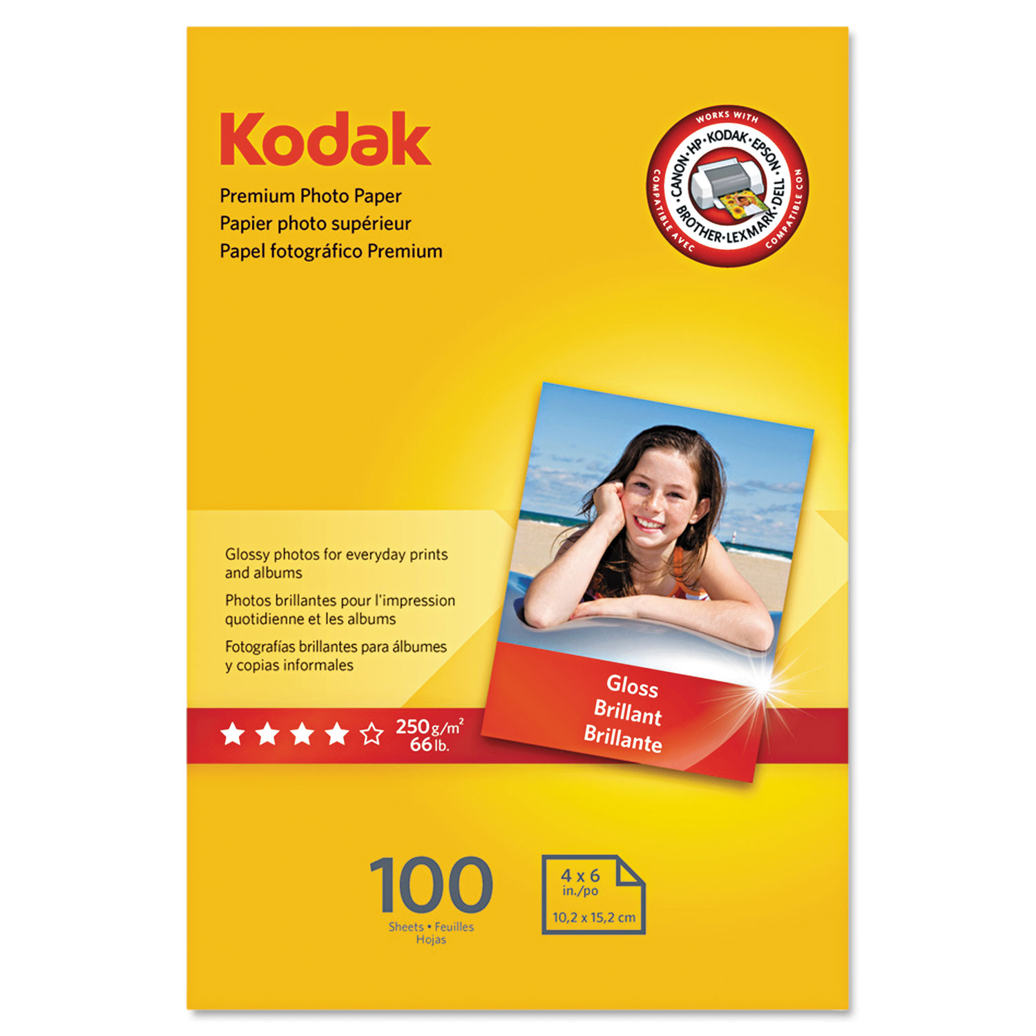  Kodak 1034388 Premium Photo Paper, 8.5 mil, 4 x 6, Glossy White, 100/Pack (KOD1034388) 