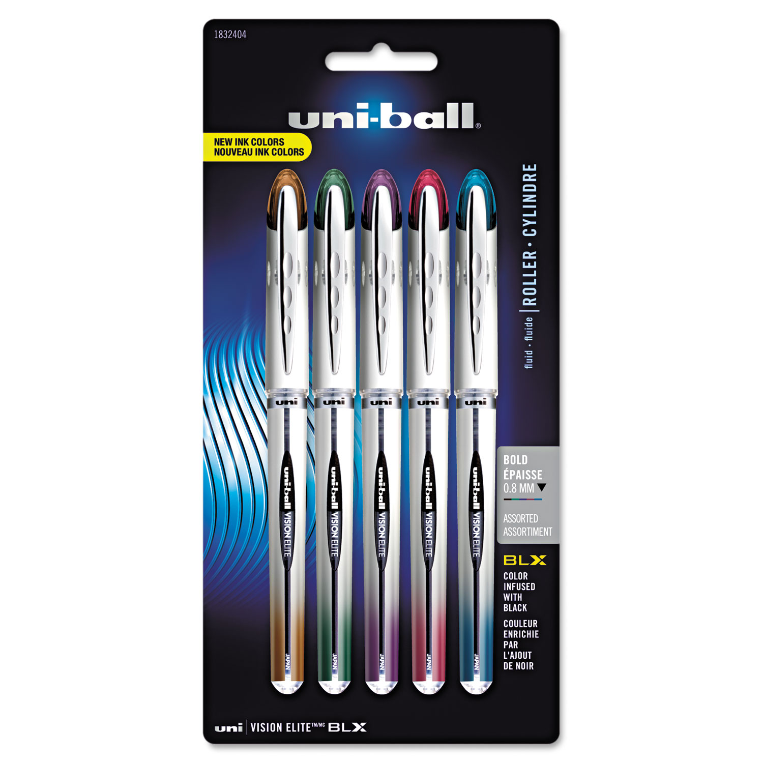  uni-ball 1832404 VISION ELITE BLX Series Stick Roller Ball Pen, 0.8mm, Assorted Ink/Barrel, 5/Pack (UBC1832404) 