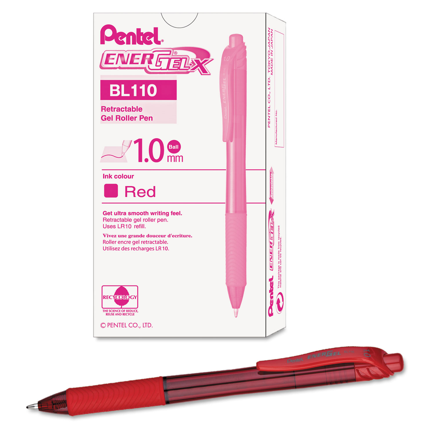 EnerGel-X Retractable Roller Gel Pen, 1mm, Trans Red Barrel, Red Ink, Dozen