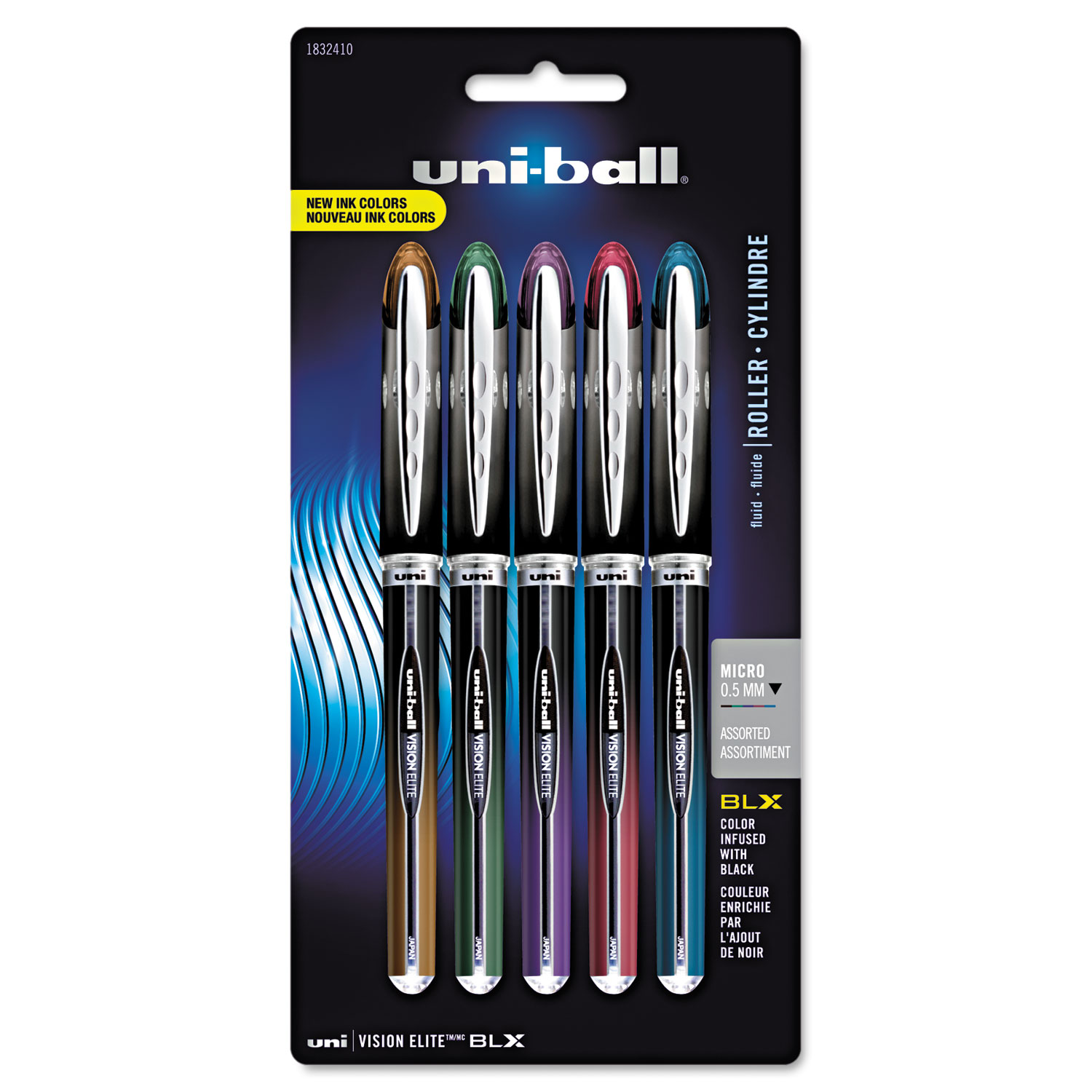  uni-ball 1832410 VISION ELITE BLX Stick Roller Ball Pen, Micro 0.5mm, Assorted Ink/Barrel, 5/Pack (UBC1832410) 