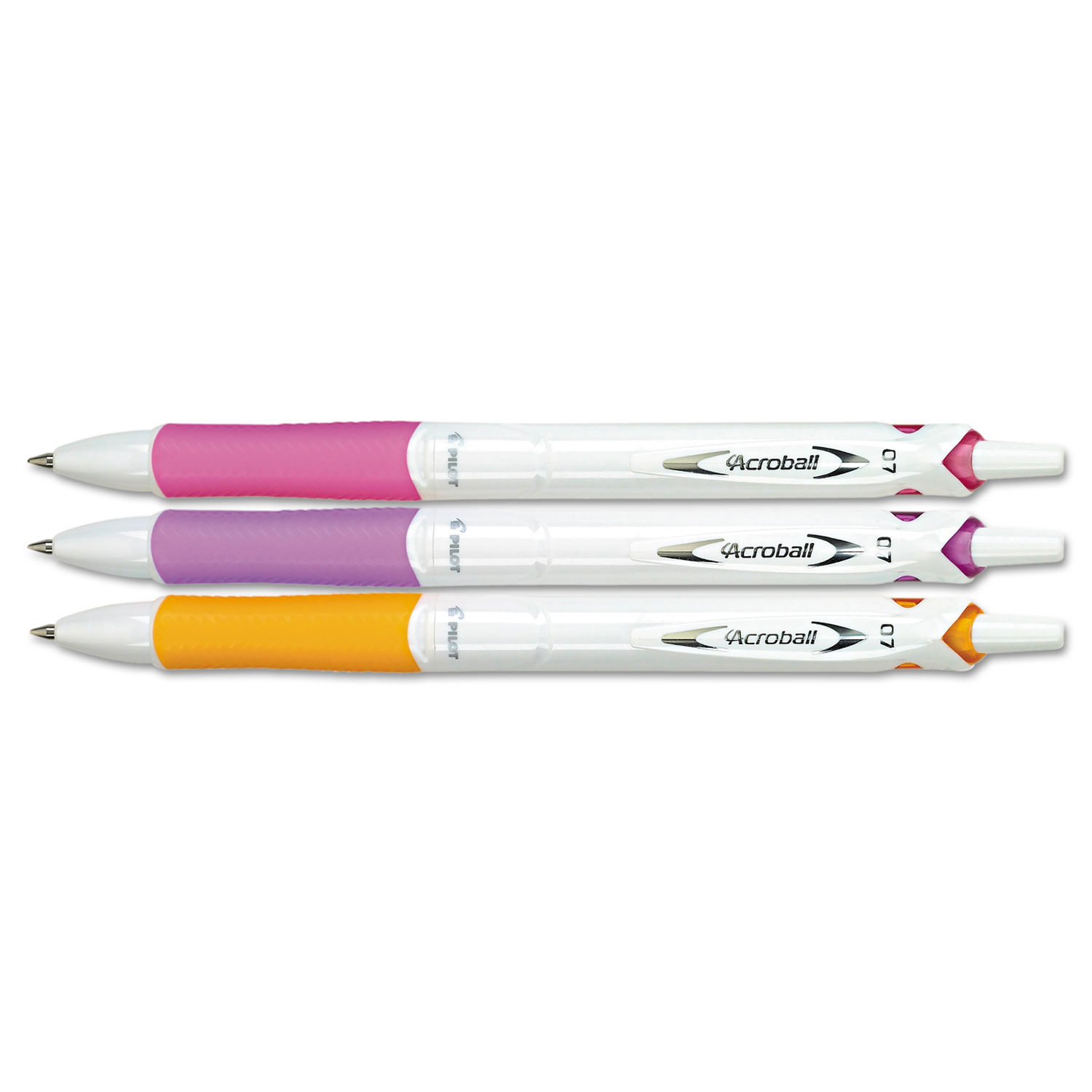 Acroball PureWhite Pen, .7mm, Black Ink, Pink/Purple/Orange Barrel, 3/Pack