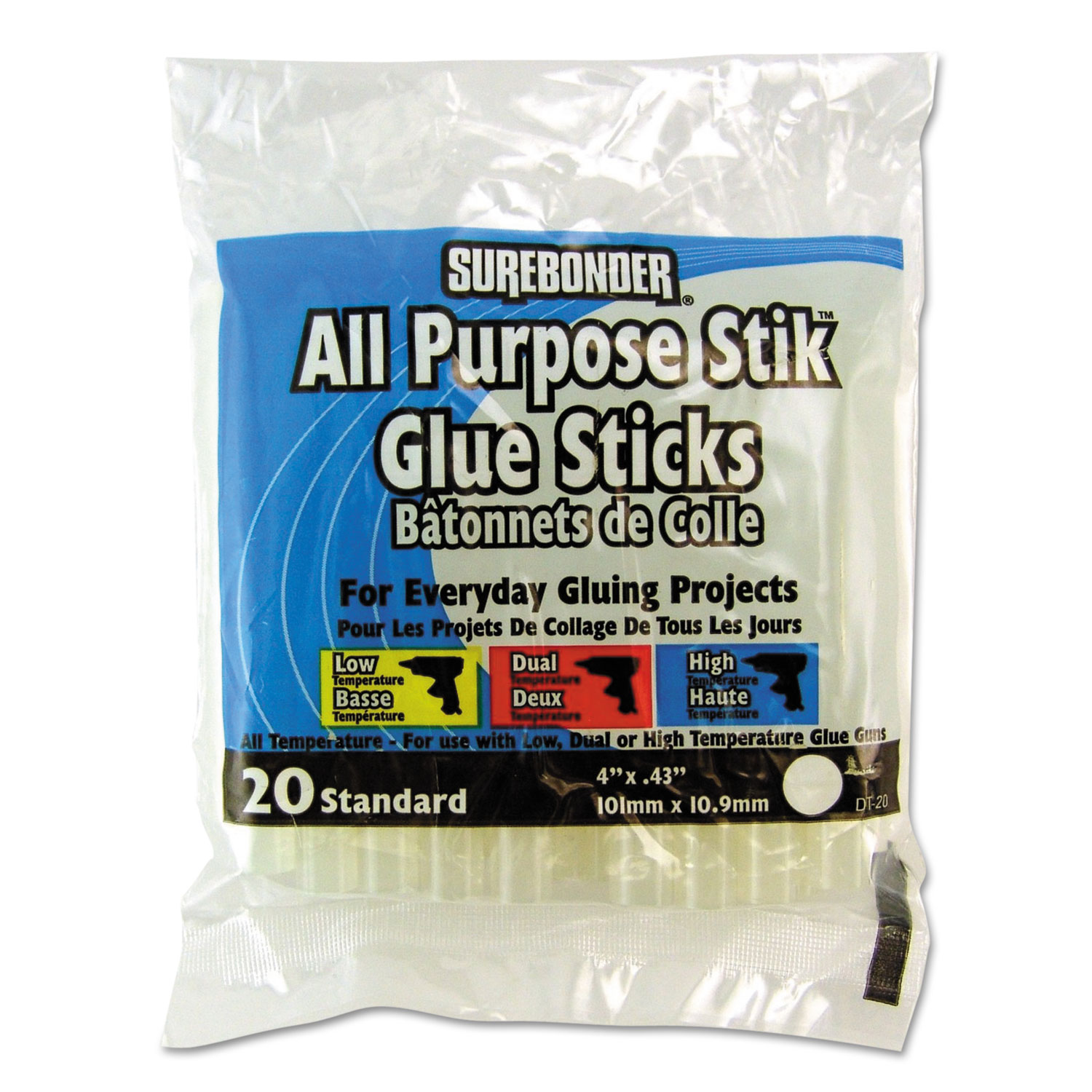 Surebonder DT-20 Hot Melt Glue Sticks, 0.43 x 4, Dries Clear, 20/Pack (FPRDT20) 