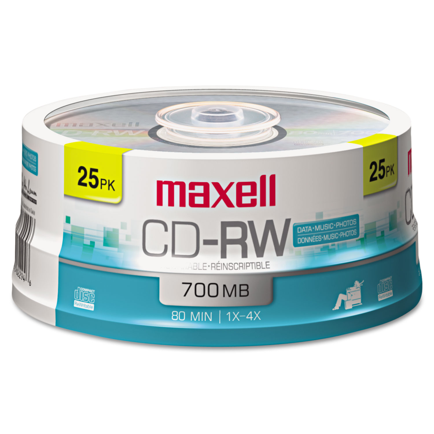  Maxell 630026 CD-RW Discs, 700MB/80min, 4x, Spindle, Silver, 25/Pack (MAX630026) 
