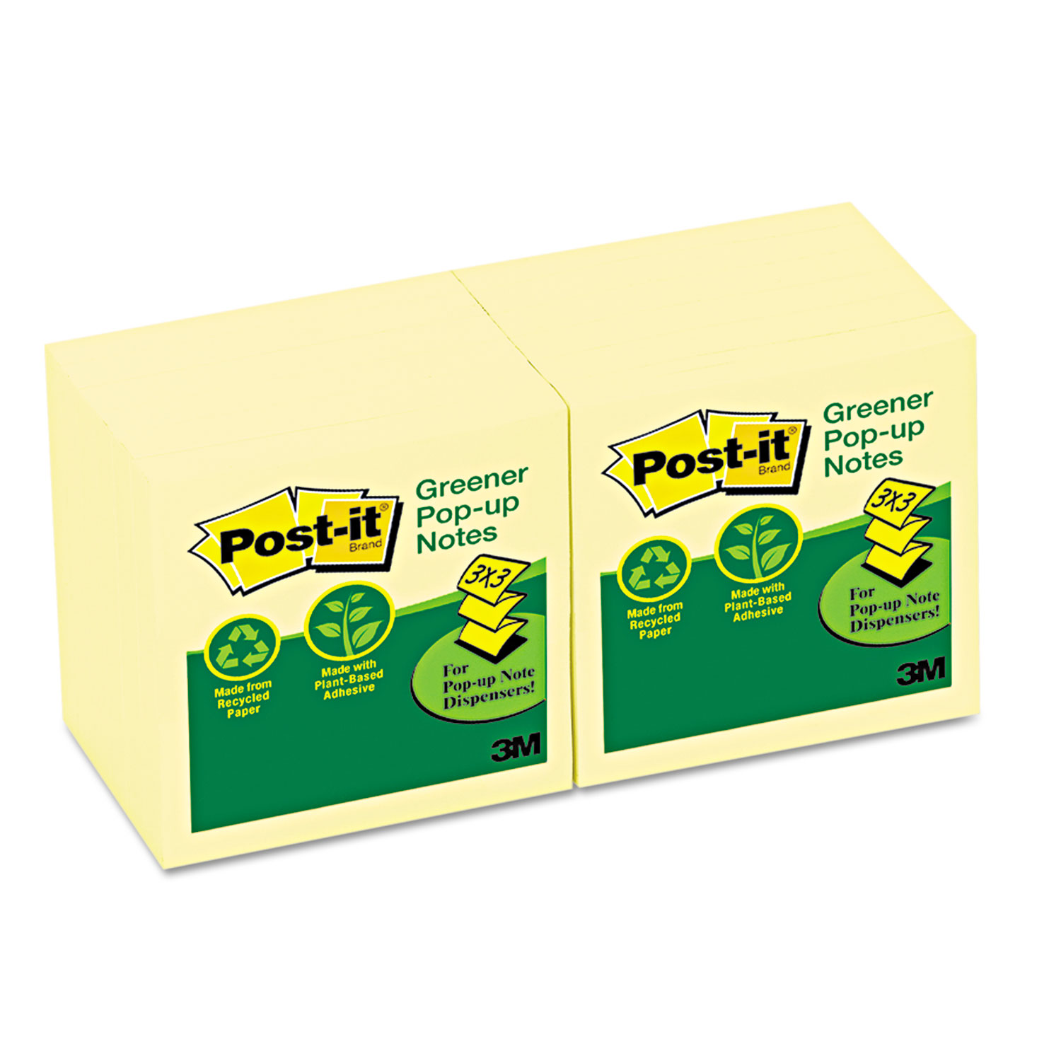 Recycled Pop-up Notes, 3 x 3, Canary Yellow, 100-Sheet, 12/Pack