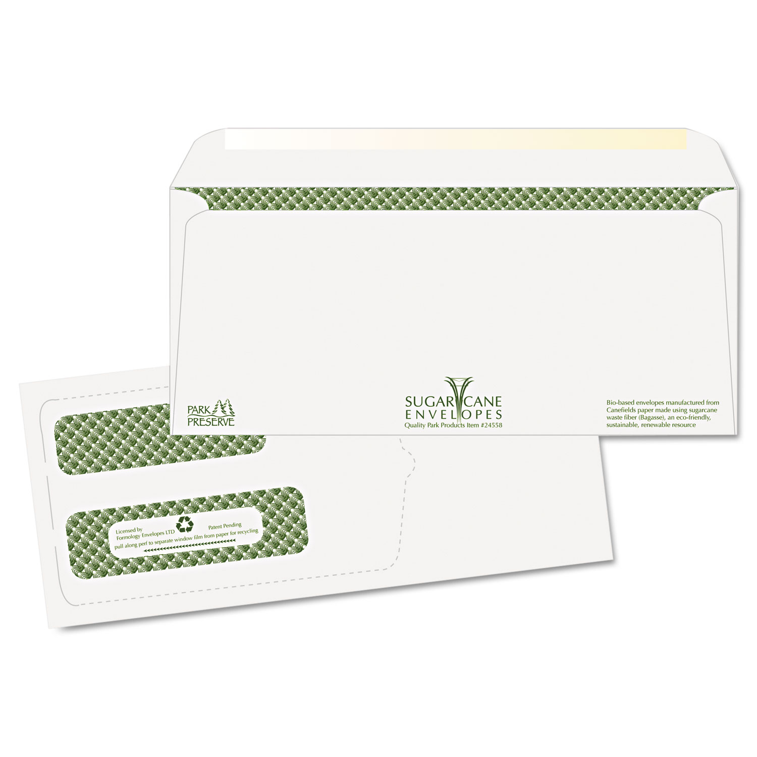 Bagasse Sugarcane Envelope, Window, #10, 4 1/8 x 9 1/2, White, Sec Tint, 500/Box