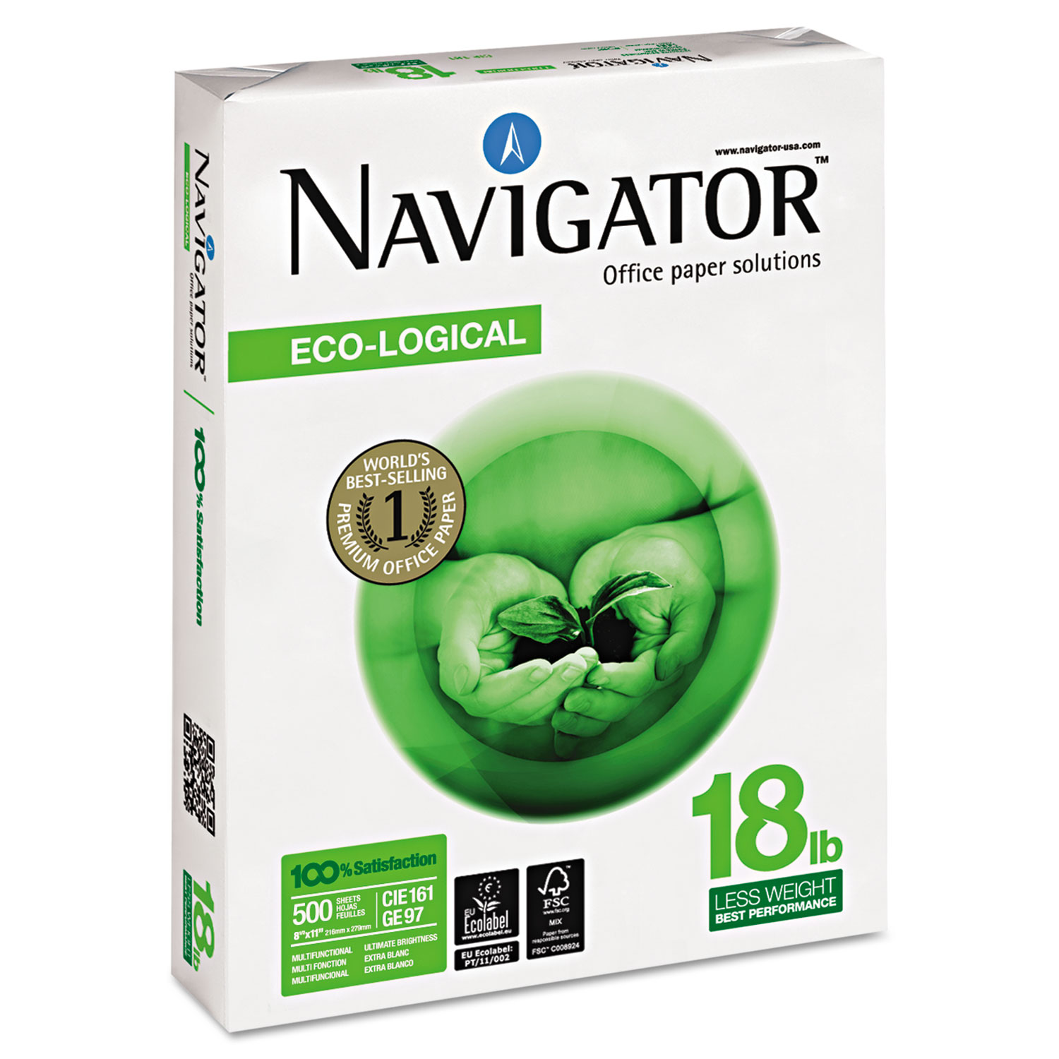  Navigator NEL1118 Eco-Logical Paper, 97 Bright, 18lb, 8.5 x 11, Bright White, 500 Sheets/Ream, 10 Reams/Carton (SNANEL1118) 