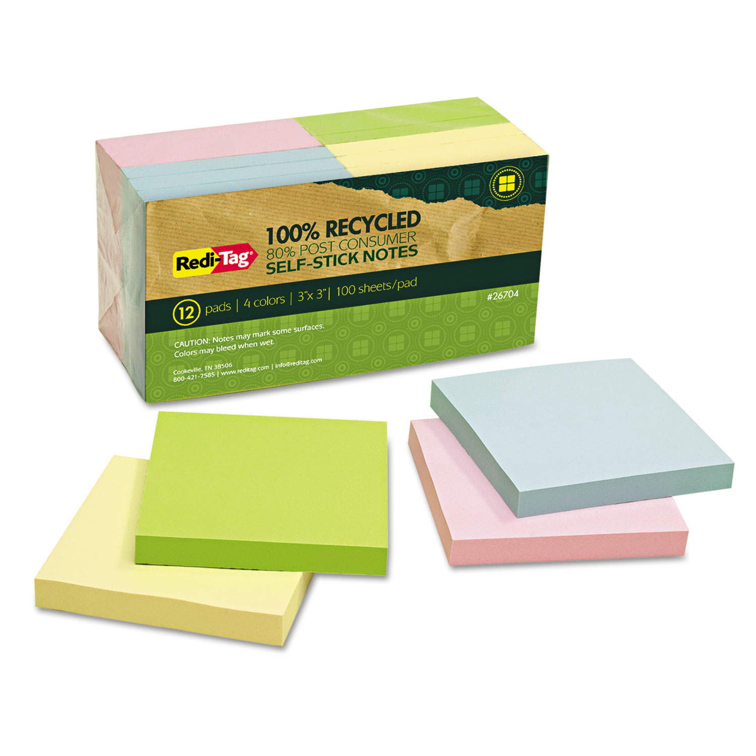  Redi-Tag 26704 100% Recycled Notes, 3 x 3, Four Colors, 12 100-Sheet Pads/Pack (RTG26704) 
