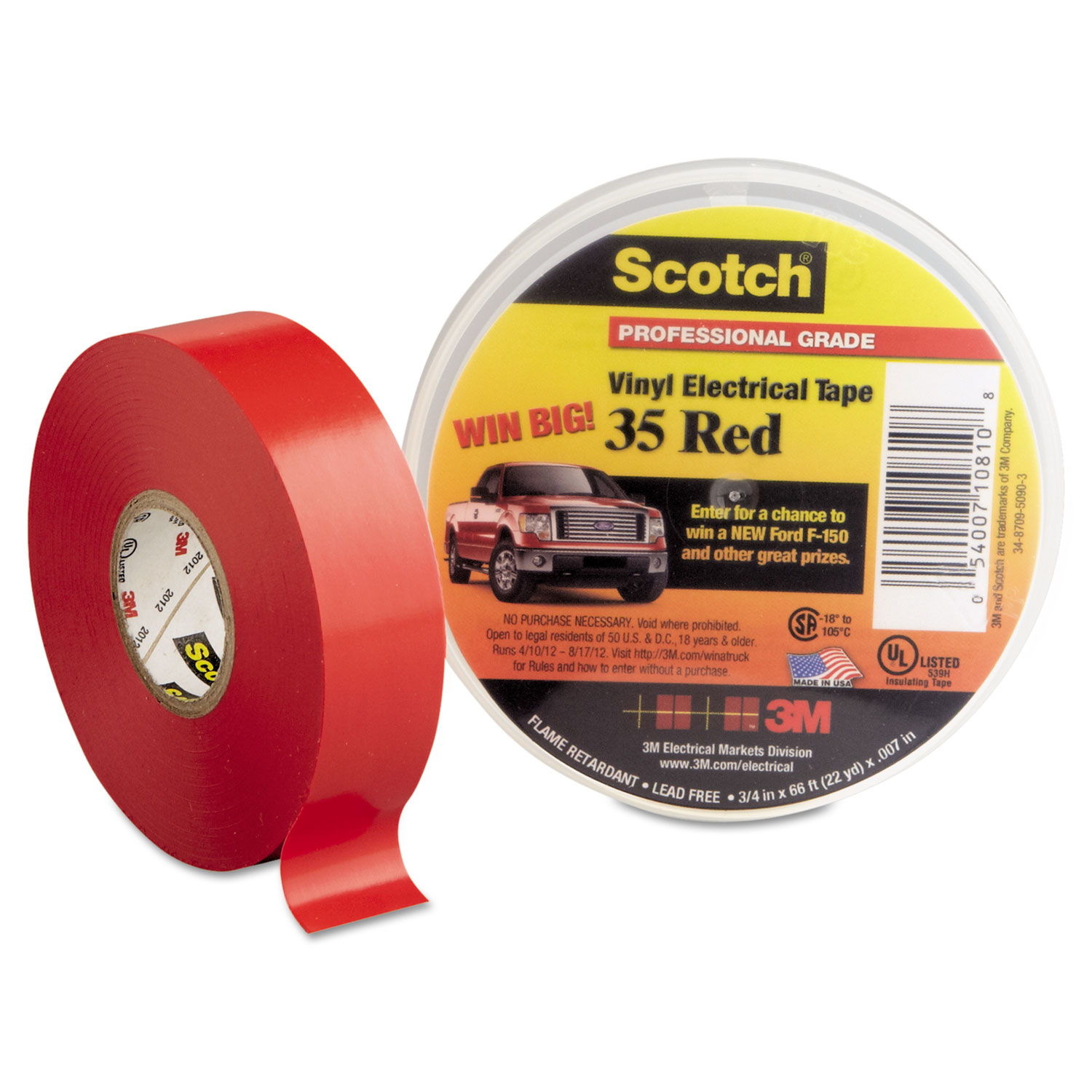  3M 10810-DL-2W Scotch 35 Vinyl Electrical Color Coding Tape, 3 Core, 0.75 x 66 ft, Red (MMM10810) 