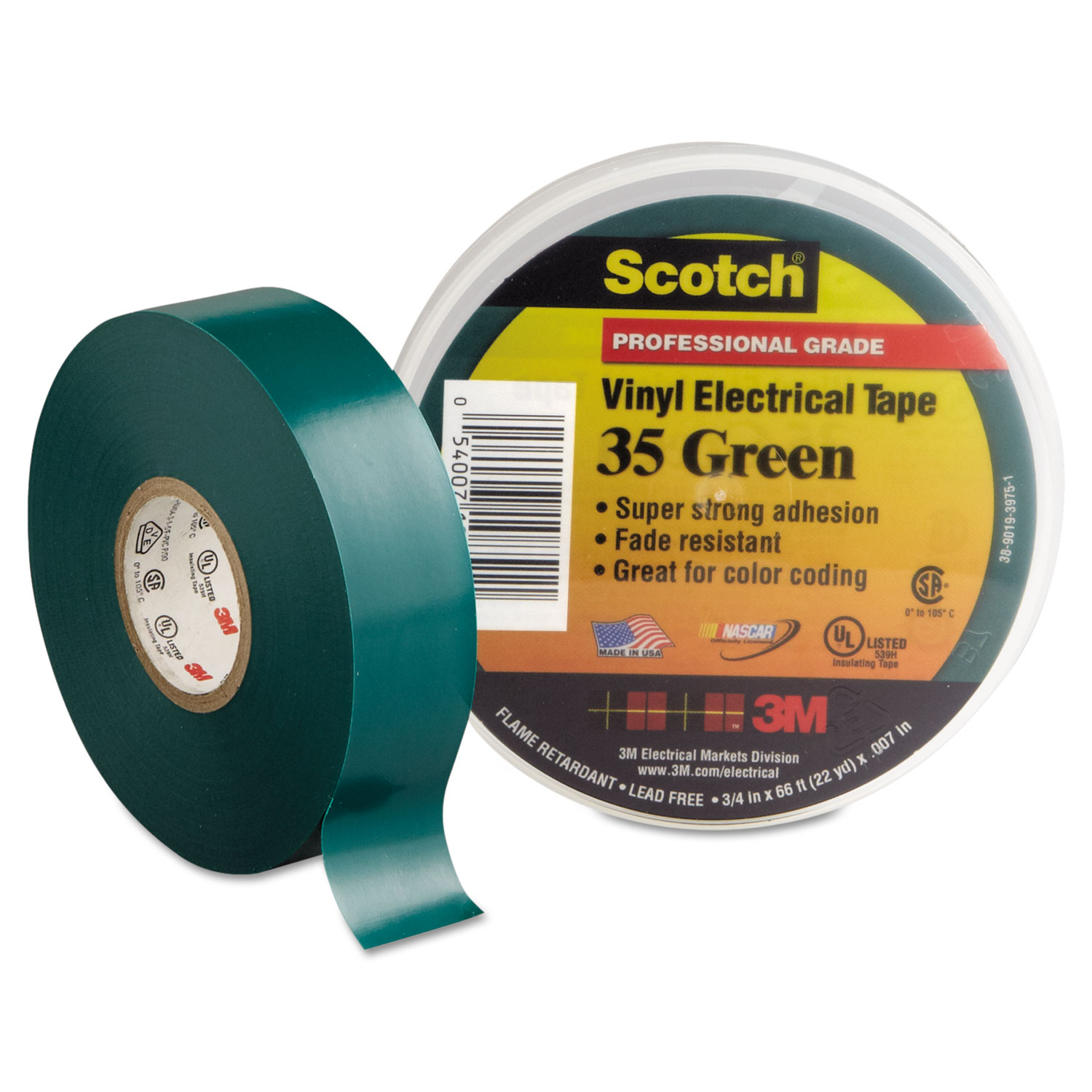  3M 10851-DL-10 Scotch 35 Vinyl Electrical Color Coding Tape, 3 Core, 0.75 x 66 ft, Green (MMM10851) 