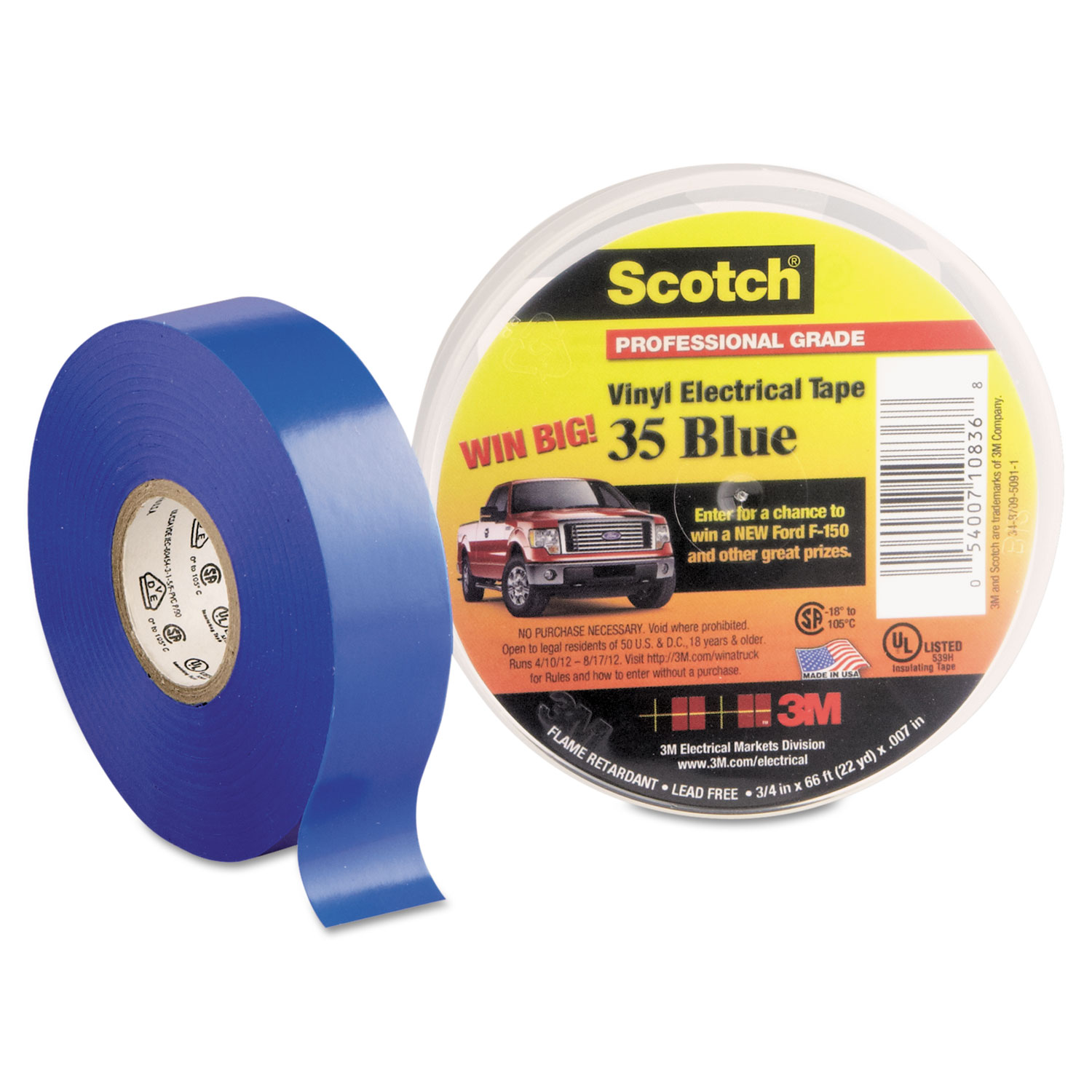  3M 10836-DL-10 Scotch 35 Vinyl Electrical Color Coding Tape, 3 Core, 0.75 x 66 ft, Blue (MMM10836) 