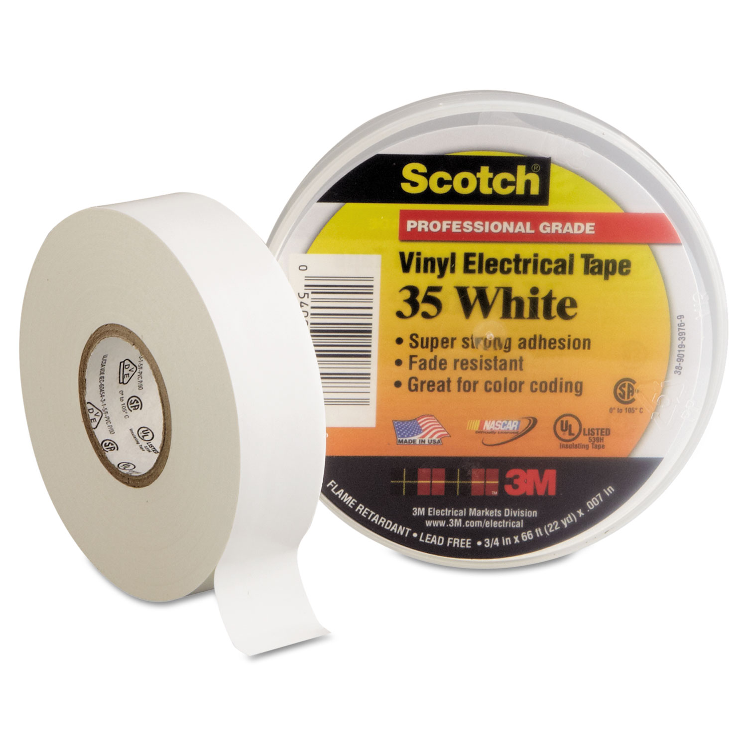  3M 500-10828 Scotch 35 Vinyl Electrical Color Coding Tape, 3 Core, 0.75 x 66 ft, White (MMM10828) 