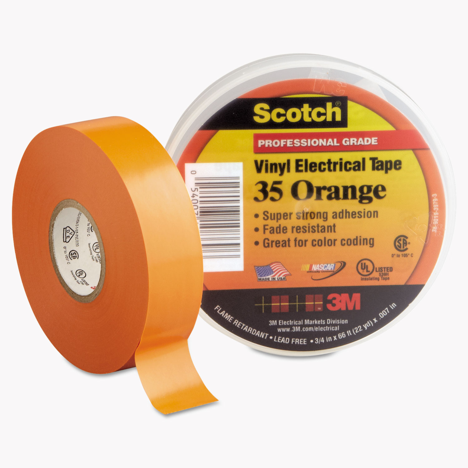  3M 500-10869 Scotch 35 Vinyl Electrical Color Coding Tape, 3 Core, 0.75 x 66 ft, Orange (MMM10869) 