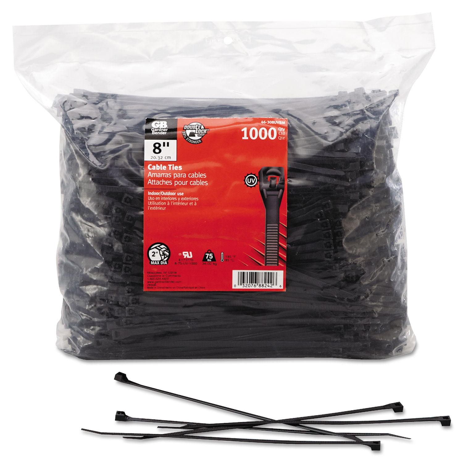 Standard Cable Ties, 8 Long, .17 Wide, .055 Thick, UV Black