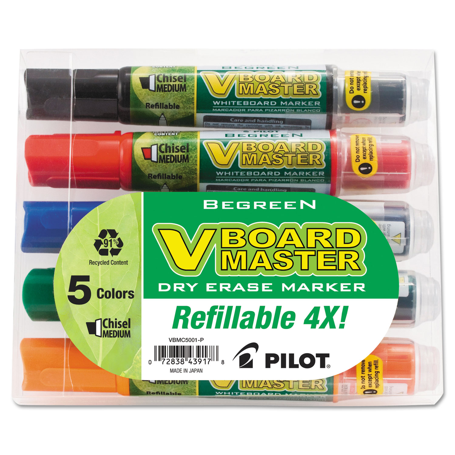  Pilot 43917 BeGreen V Board Master Dry Erase Marker, Medium Chisel Tip, Assorted Colors, 5/Pack (PIL43917) 