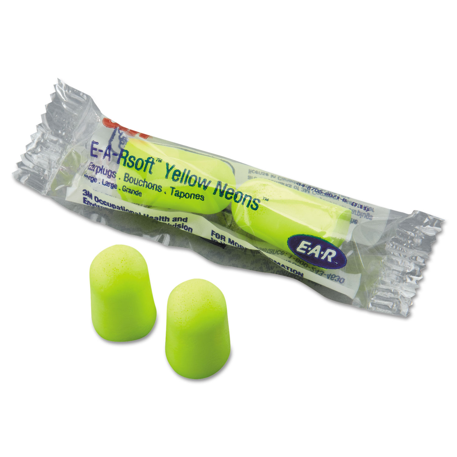 E-A-Rsoft Yellow Neon Foam Earplugs, Uncorded, Large, Polybag, NRR 33