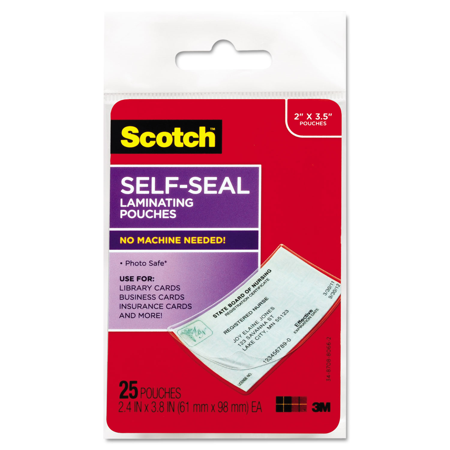  Scotch LS851G Self-Sealing Laminating Pouches, 9.5 mil, 3.88 x 2.44, Gloss Clear, 25/Pack (MMMLS851G) 