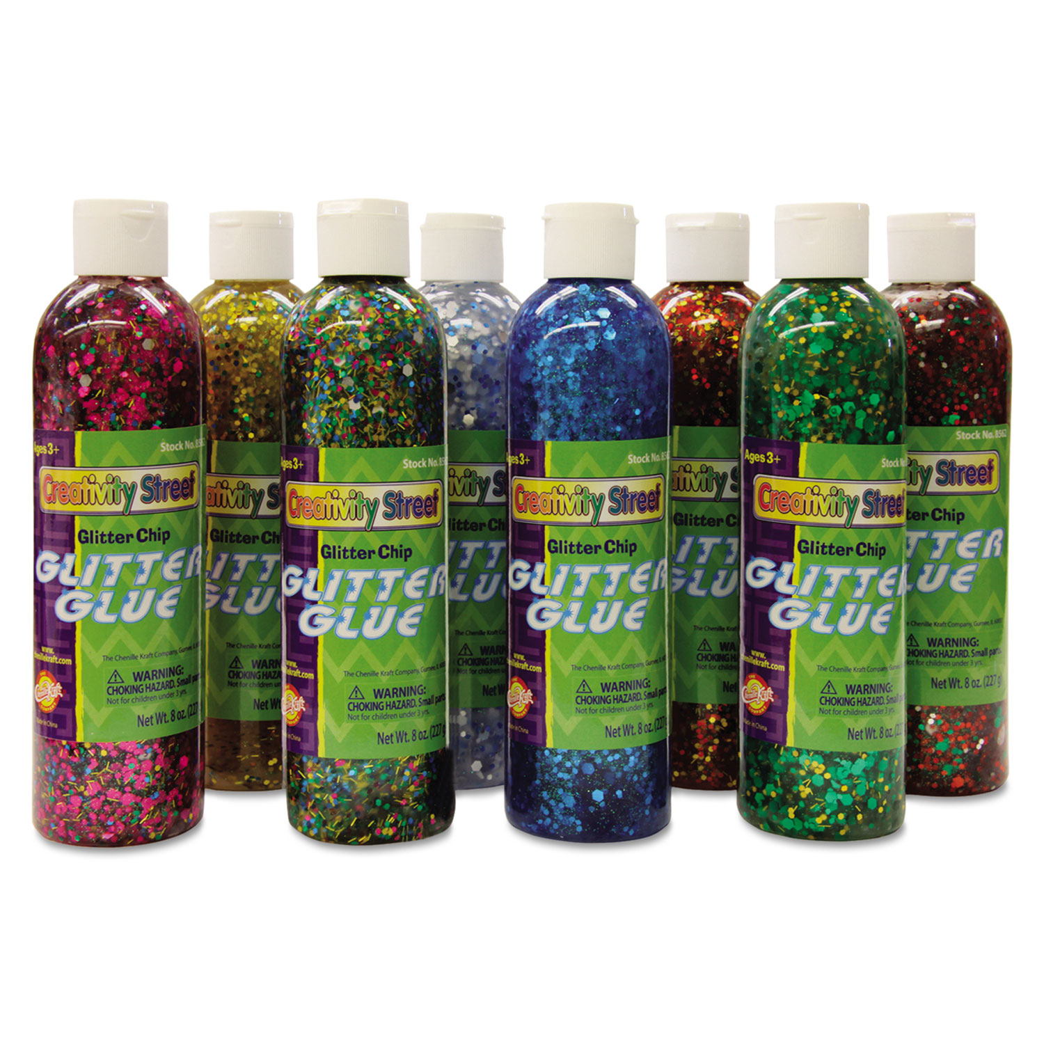 Glitter Glue Chip Class Pack, Assorted Colors, 8 oz Bottles, 8/Pack