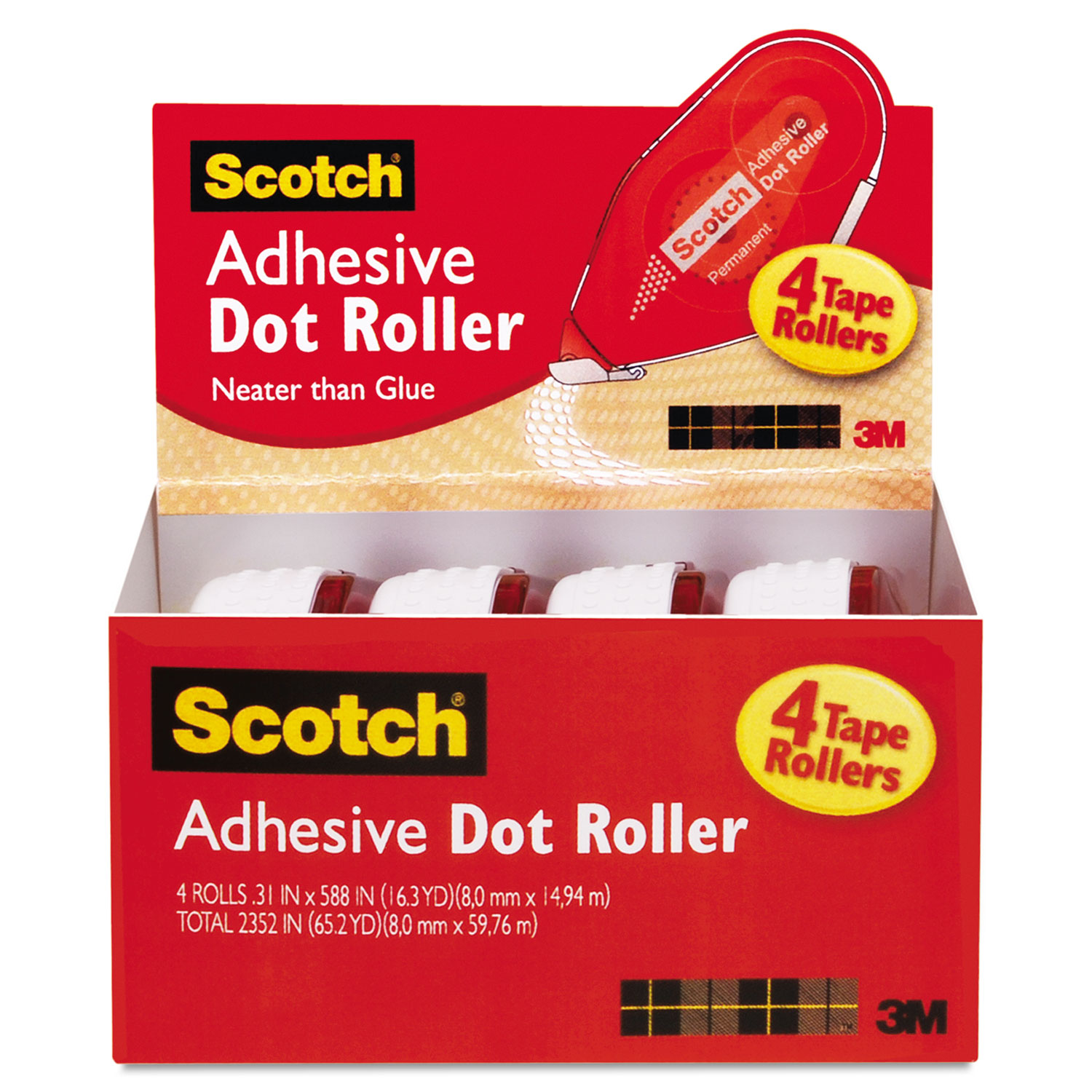  Scotch 6055BNS Double-Sided Adhesive Roller, 0.3 x 49 ft, Dries Clear, 4/Pack (MMM6055BNS) 