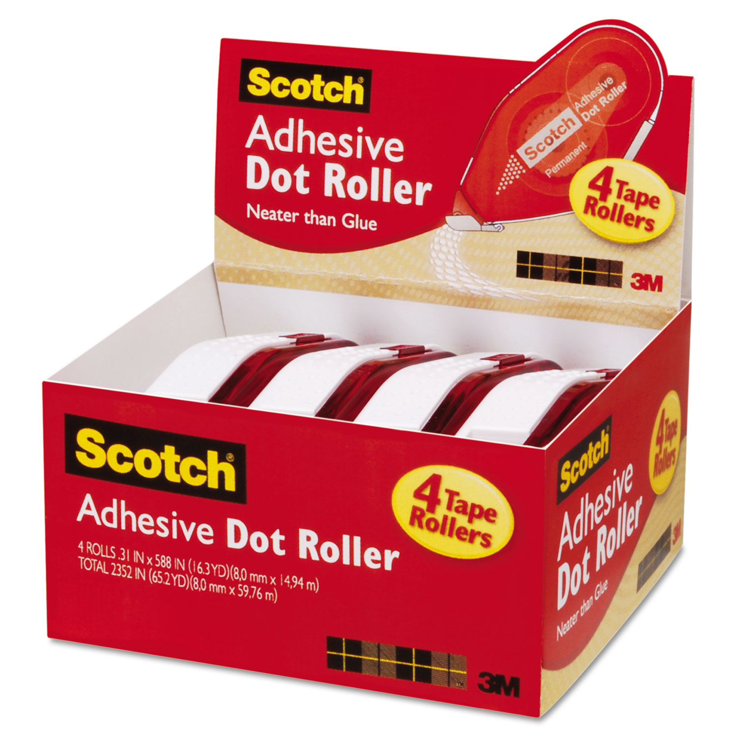 Adhesive Dot Roller Value Pack, 0.3 in x 49 ft., 4/PK
