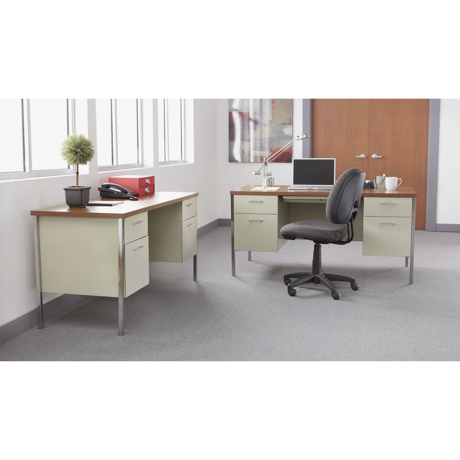 Single Pedestal Steel Desk, Metal Desk, 45-1/4w x 24d x 29-1/2h, Cherry/Putty